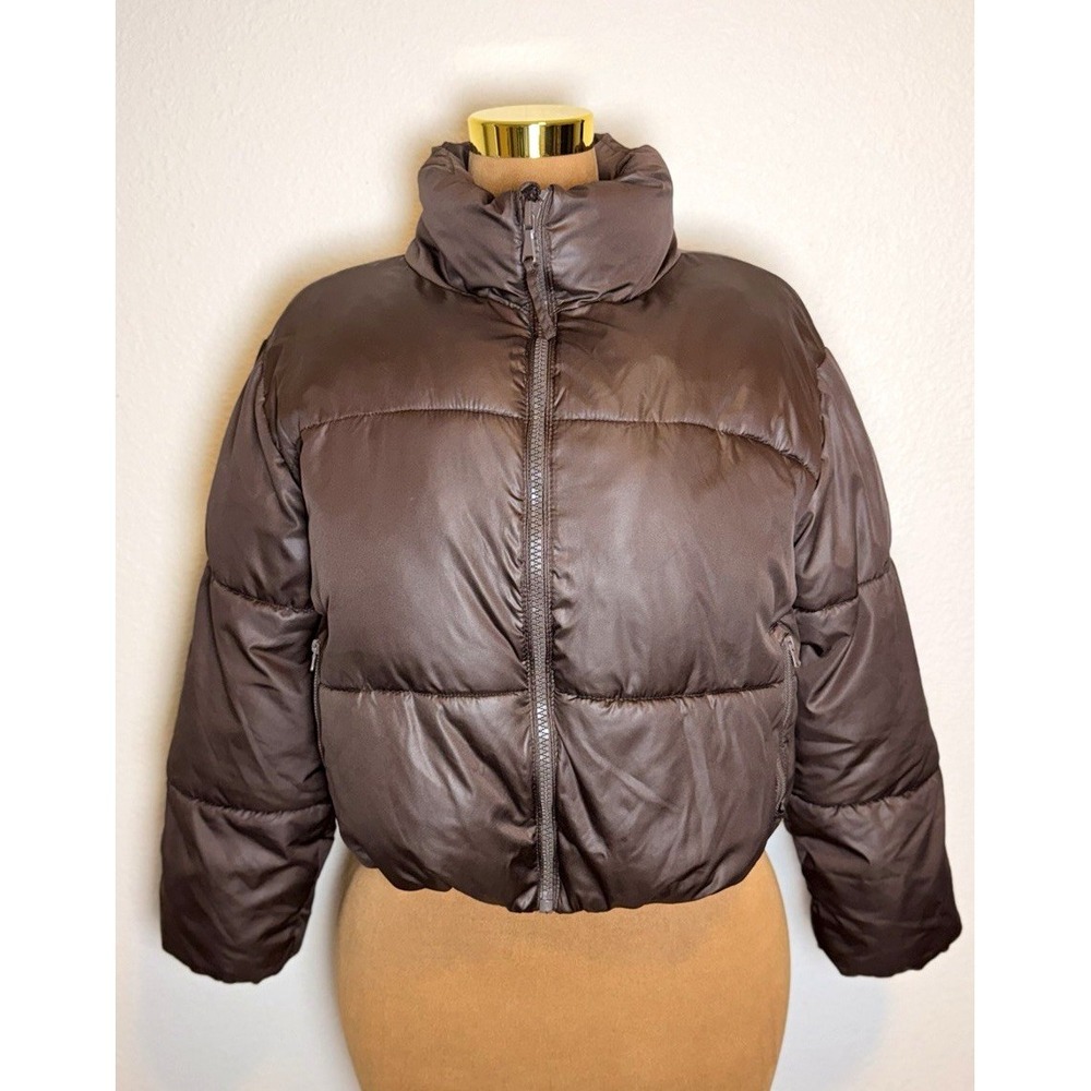 Old Navy Brown Quilted Puffer Jacket Faux Leather Full Zip Women's Medium